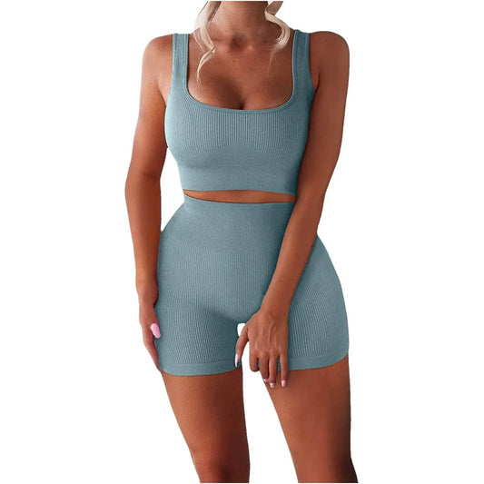 Women'S Sexy Fitness U-Neck Vest Two-Piece Set Ribbed Vest High Waist Shorts Yoga Suit