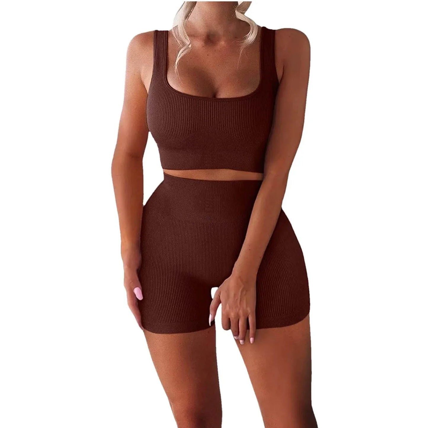 Women'S Sexy Fitness U-Neck Vest Two-Piece Set Ribbed Vest High Waist Shorts Yoga Suit