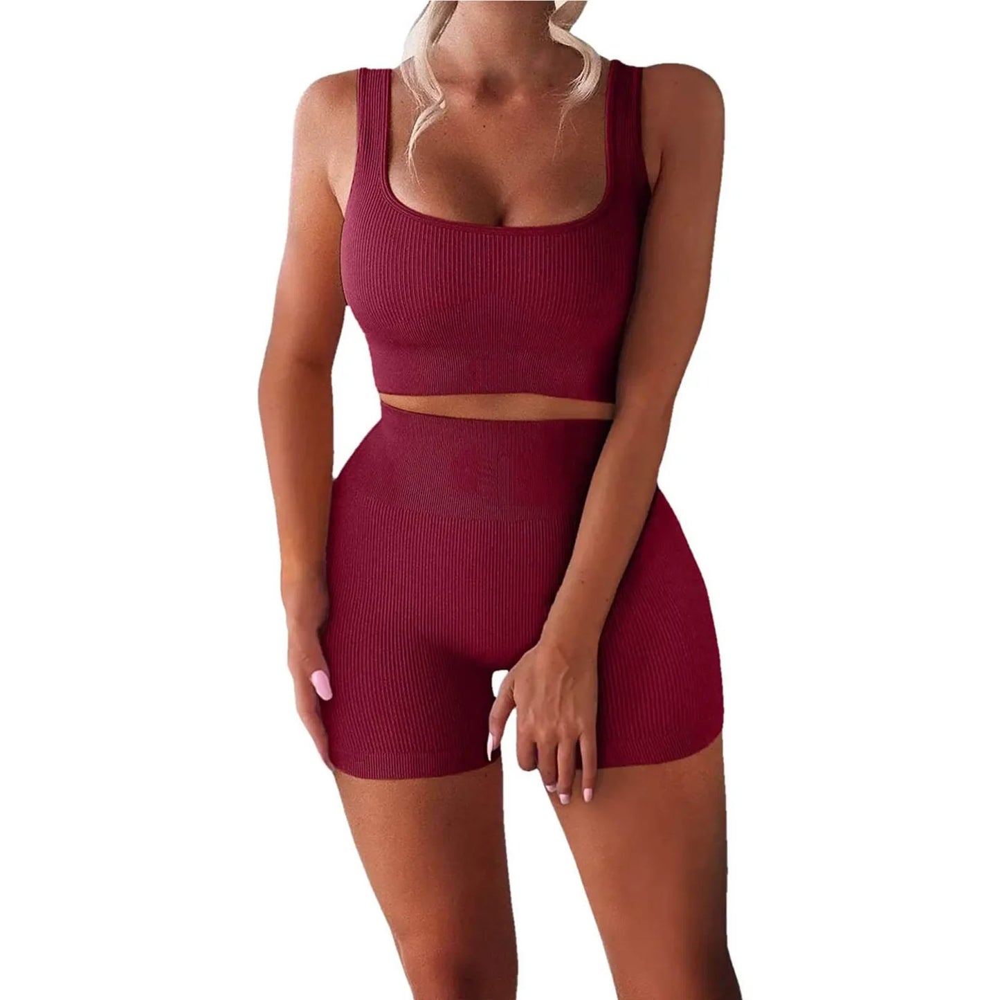 Women'S Sexy Fitness U-Neck Vest Two-Piece Set Ribbed Vest High Waist Shorts Yoga Suit