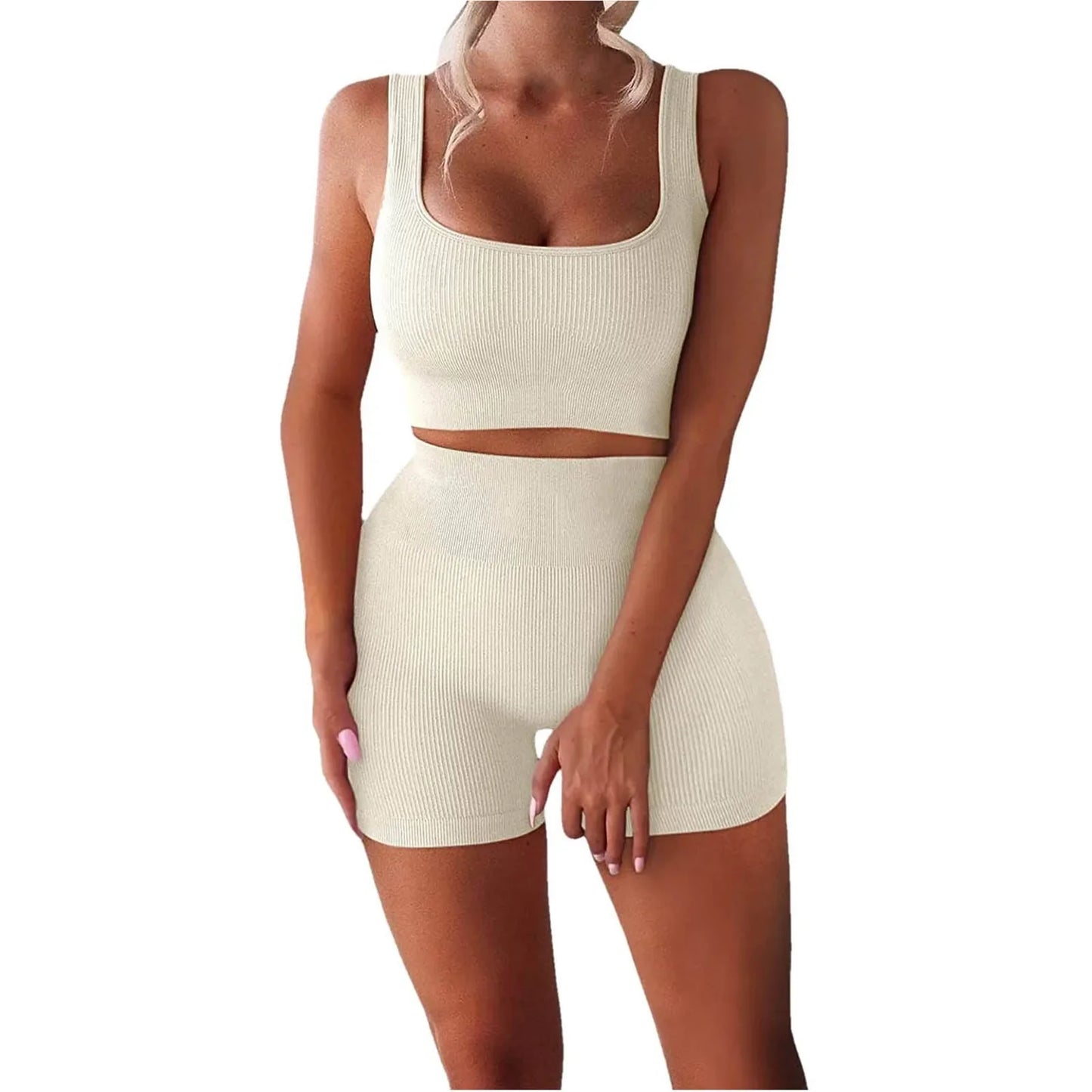 Women'S Sexy Fitness U-Neck Vest Two-Piece Set Ribbed Vest High Waist Shorts Yoga Suit
