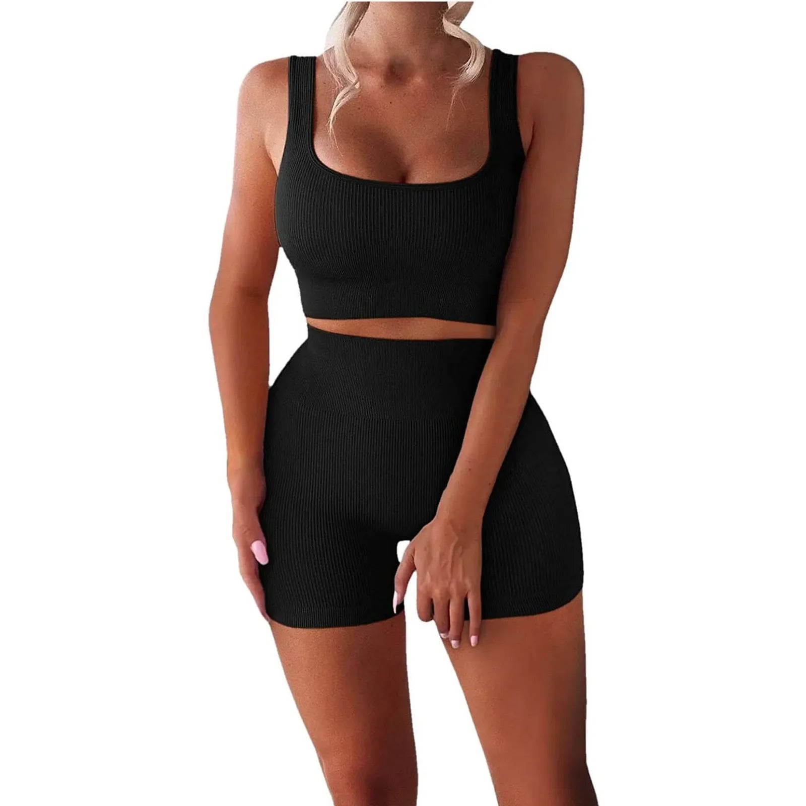 Women'S Sexy Fitness U-Neck Vest Two-Piece Set Ribbed Vest High Waist Shorts Yoga Suit