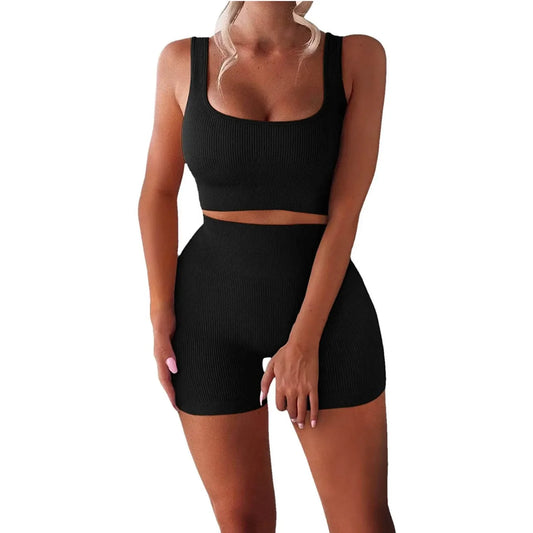 Women'S Sexy Fitness U-Neck Vest Two-Piece Set Ribbed Vest High Waist Shorts Yoga Suit
